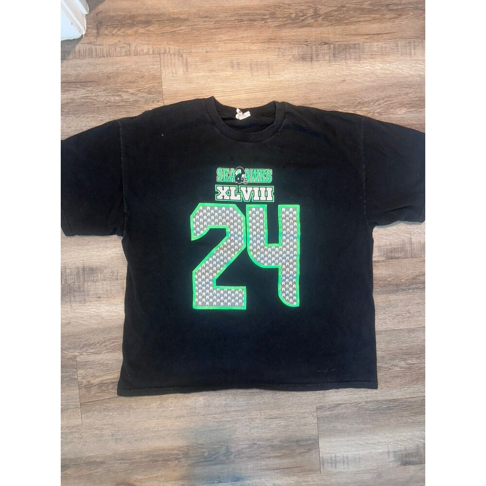 Seattle Seahawks Super Bowl XLVIII Marshawn Lynch T Shirt Men’s L Retro Black